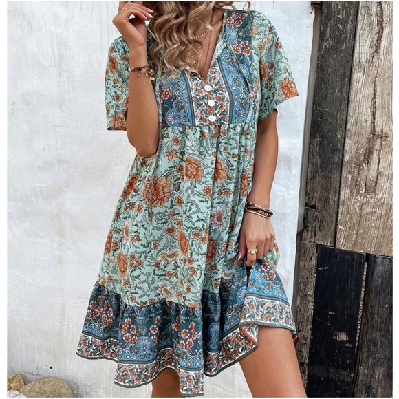 Boho Floral Print Butterfly Sleeve Dress - Picture 1 of 6